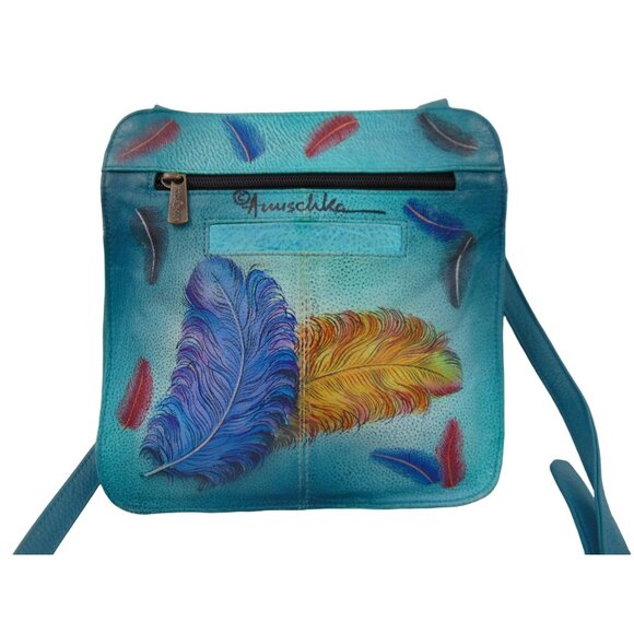 Anuschka Leather Crossbody Purse Wallet Teal Blue Feather Peacock Hand Painted - Picture 4 of 16
